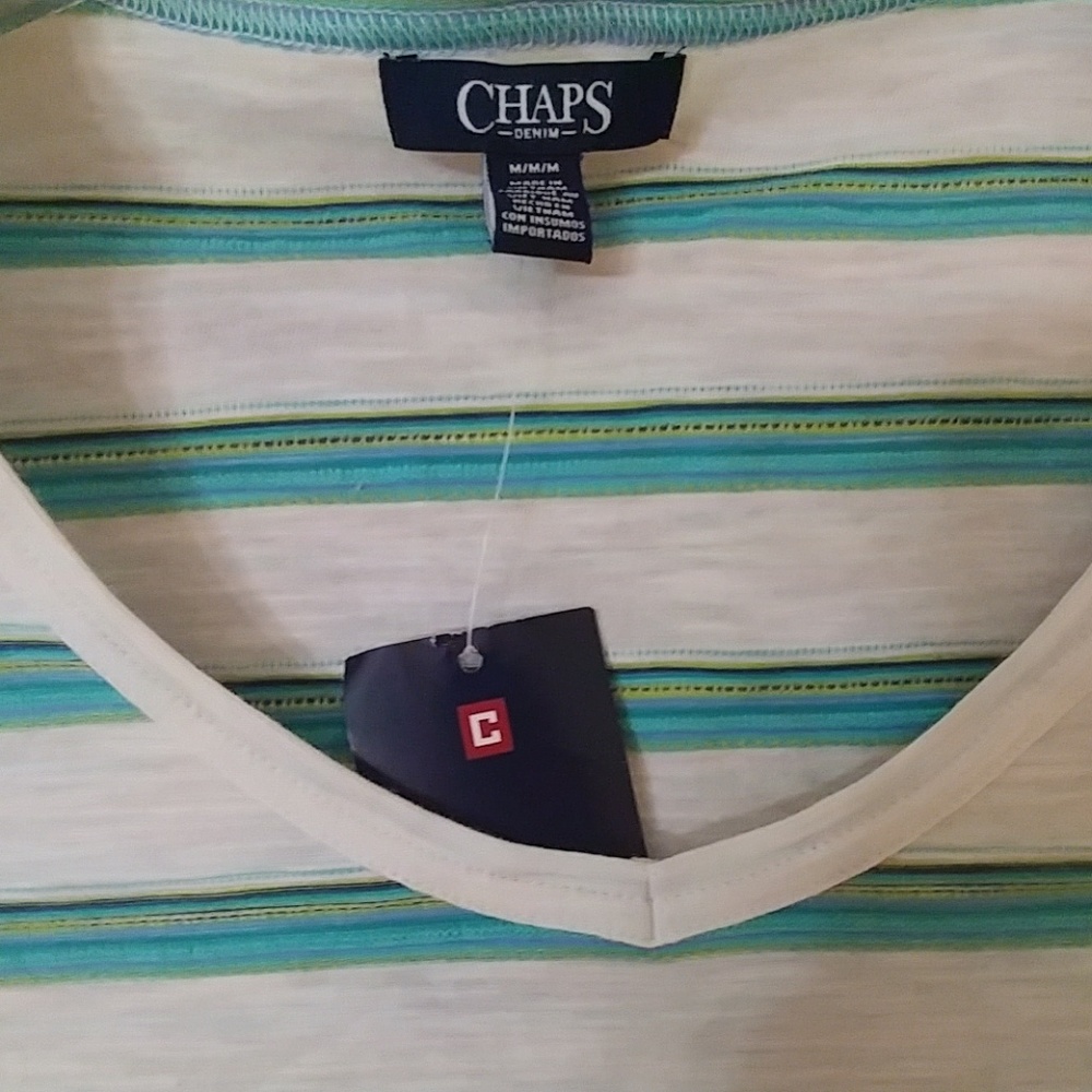 NWT CHAPS Turquoise & White Striped Top Tee M - Picture 2 of 4
